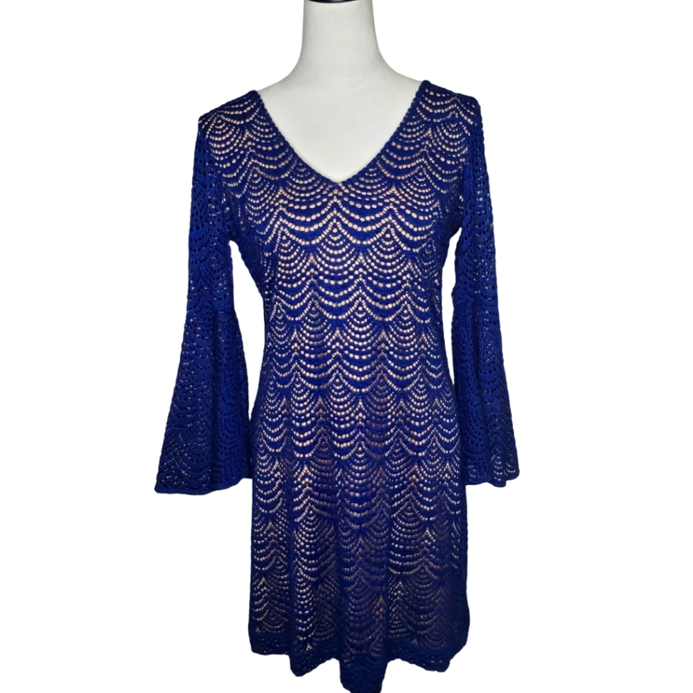 Lilly Pulitzer Nicoline Navy Blue Crochet Knit Bell Sleeve Dress